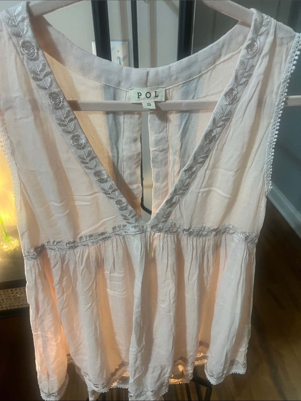POL Pink Sleeveless Boho V-Neck babydoll Shirt with Embroidery